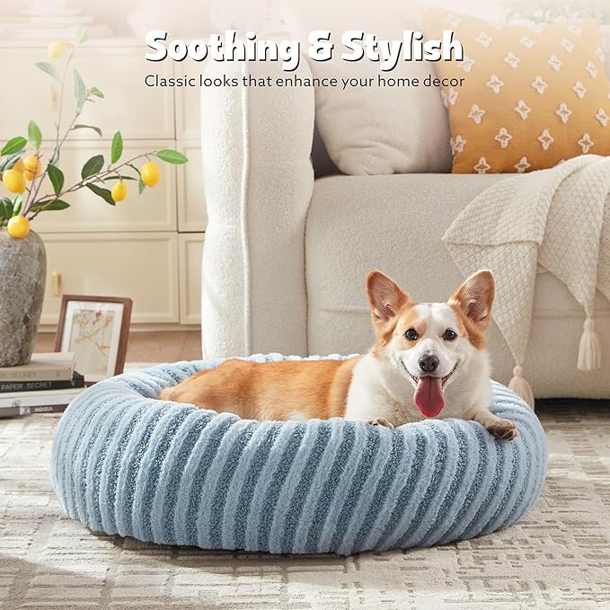 MIXJOY Calming Dog Beds Large Sized Dogs - Washable Donut Large Dog Bed with Removable Zipper Cover, Round Fluffy Plush Faux Fur Pet Bed with Anti-Slip Bottom, 36"x36"x10", Blue