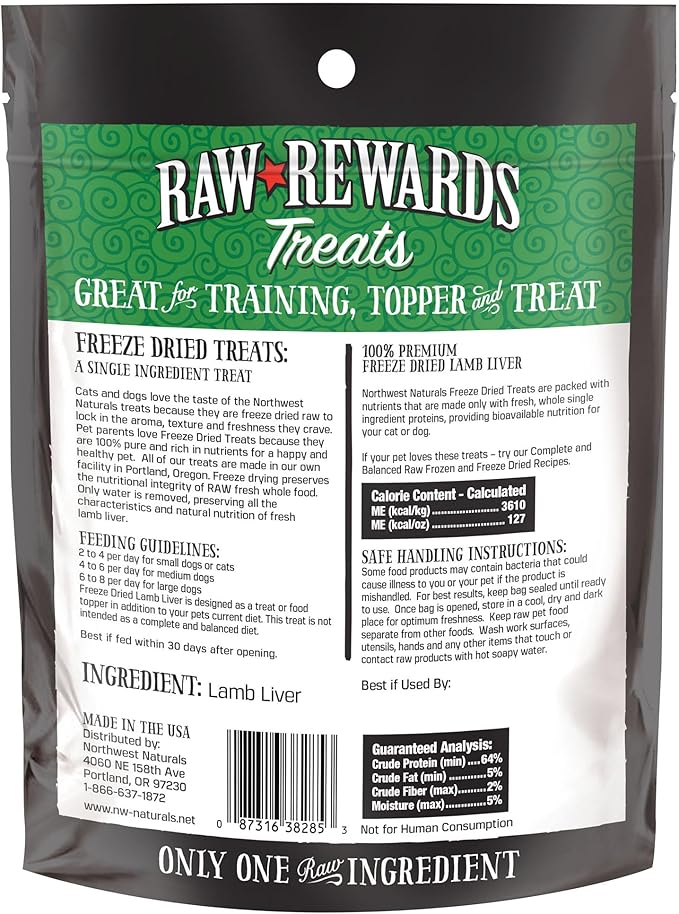 Northwest Naturals Raw Rewards Freeze-Dried Lamb Liver Treats for Dogs and Cats - Bite-Sized Pieces - Healthy, 1 Ingredient, Human Grade Pet Food, All Natural, Proudly Made in USA, 3 Oz