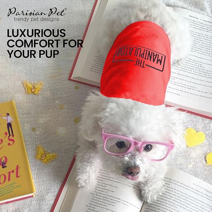 Parisian Pet Dog Tshirt - Embroidered “ Manipulator “ Tank Top - Breathable and Lightweight Dog Clothes - Sleeveless Red Tee Shirts - Machine Washable Shirt for Large Dogs - 2XL