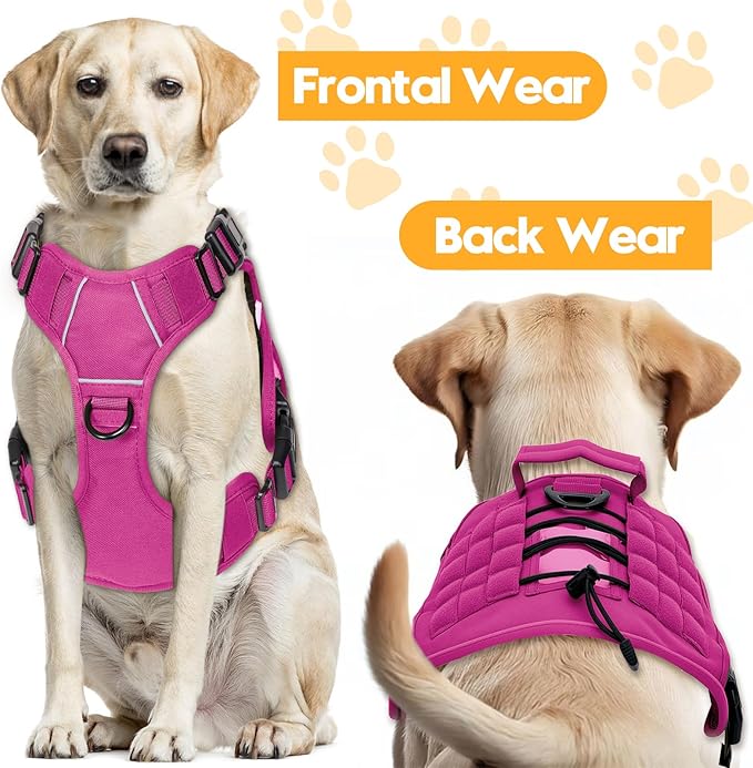 Heavy-Duty Tactical Dog Harness for Large Dogs, No Pull Adjustable Reflective Pet Vest with Molle System, K9 Military-Grade Control for Service Training, Outdoor & 10+ Breeds, Pink, XX-Large