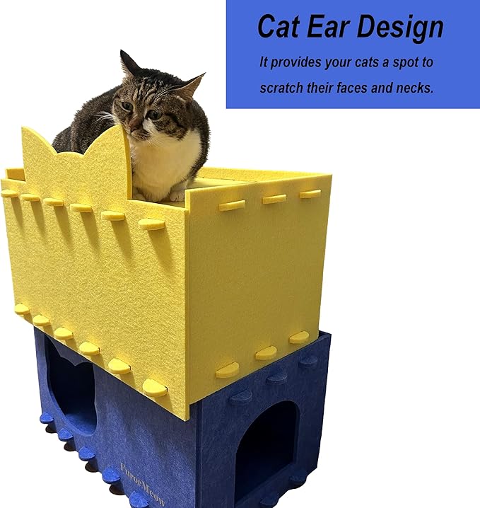 Cat House Cat Ear Design, Large Spacious Cozy Indoor Cat Bed Cave, Scratch Resistant Strong Thick Premium Felt Condo, Fun Hideaway for Multiple Cats, 21.5x13x11.6 inches (Bright Yellow)
