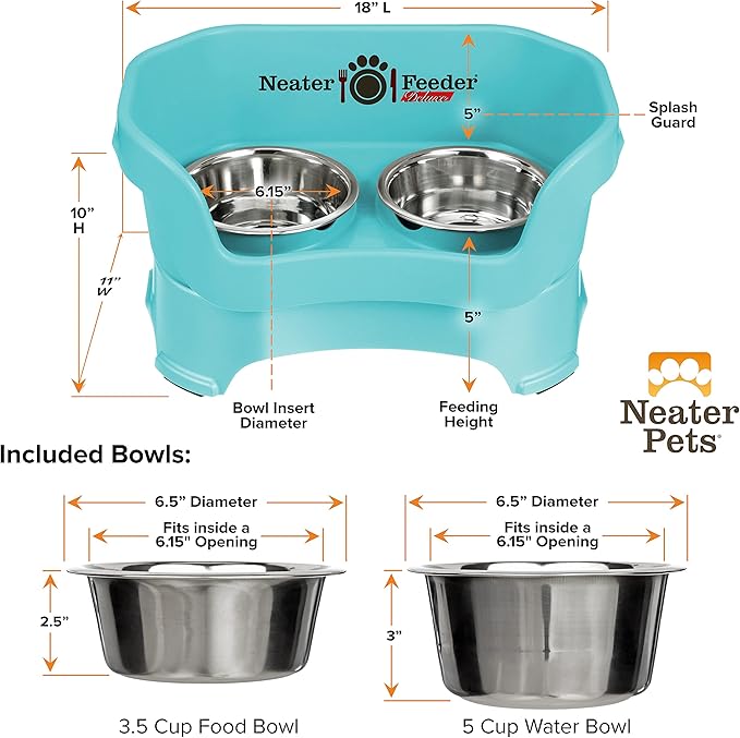Neater Pet Brands Neater Feeder Deluxe Mess Proof Dog Bowls Elevated for Medium Dogs 19-40 lbs, Made in USA, No Spill Raised Dog Food Bowl Stand Feeding Station, Food and Water Bowl Set, Aquamarine