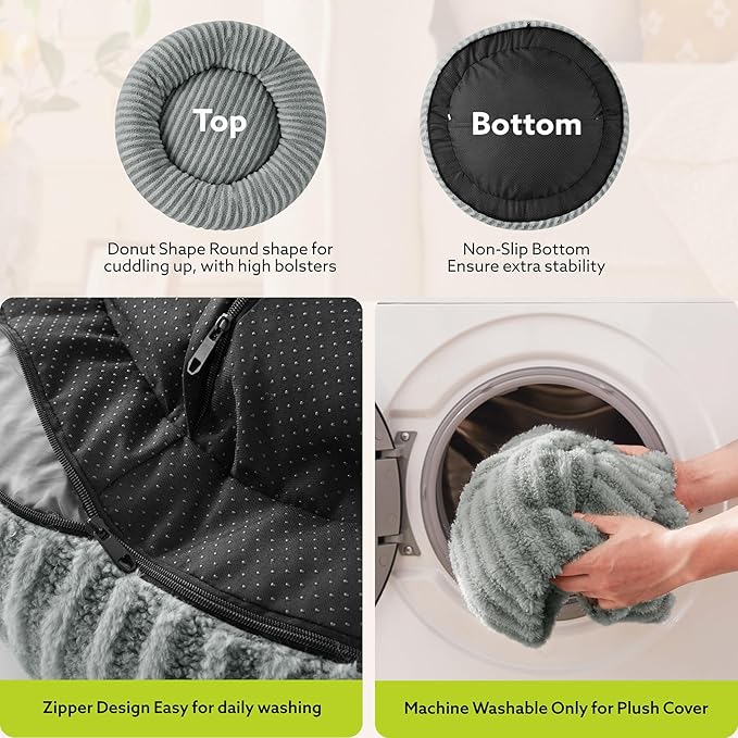 MIXJOY Dog Donut Bed for Small Dogs, Washable Donut Small Puppy Bed, Cute Dog Beds with Anti Slip Bottom, Calming Cat Beds with Removable Zipper Cover, 23"x23"x8", Grey
