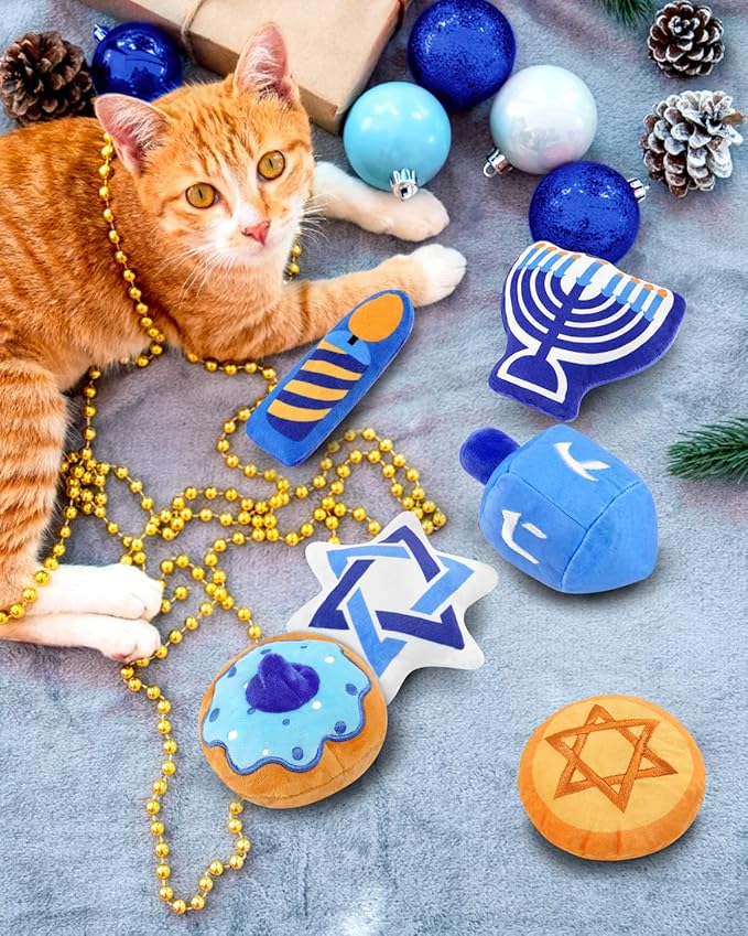 CiyvoLyeen Hanukkah Catnip Toys Set of 6 Soft Holiday Plush Cat Toys Interactive Catnip Filled Kitty Supplies for Cats Lovers Chanukah Gift Dreidel Cat Teething Chew Toy