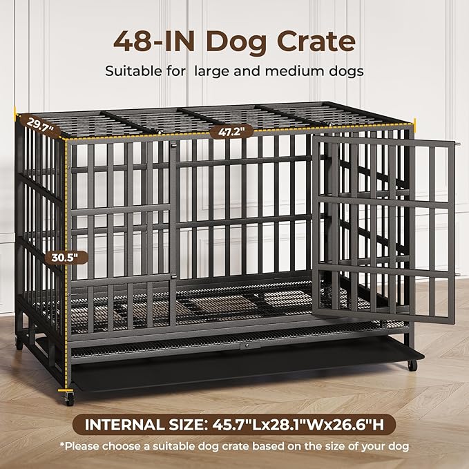 48 Inch Heavy Duty Indestructible Dog Crate Steel Escape Proof, Indoor Double Door High Anxiety Cage, Kennel with Wheels, Removable Tray, Extra Large XL XXL