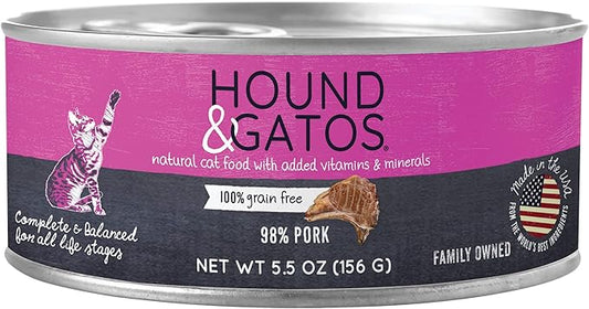 Hound & Gatos Wet Cat Food, 98% Pork, Grain Free Pate Cat Food, Real Meat, High Protein, Limited Ingredients, No Additives, 5.5 oz. Cans (Pack of 24)