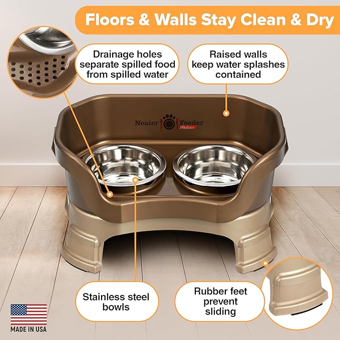 Neater Feeder Deluxe Mess Proof Cat Bowls Elevated for All Breeds – Made in USA – No Spill Raised Cat Bowls for Indoor Cats w/Leg Extensions – Stainless Steel Cat Food and Water Bowl Set - Bronze