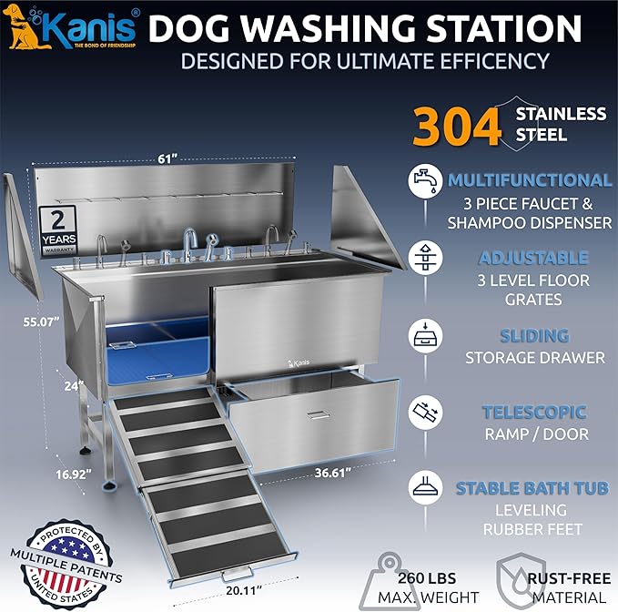 KANIS Professional Dog Washing Station - 304 Stainless Steel Pet Wash Sink & Grooming Bath Tub for Home with Ramp, Shower, Floor Grate, Storage Drawer, Faucet, Drain Kit for Large, Medium & Small Pets