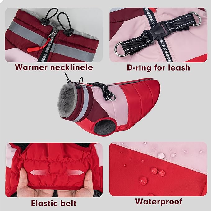 azuza Dog Jacket for Small Dogs Waterproof Dog Coat with Reflective Strips and Harness Built in Warm Fleece Dogs Winter Coat Windproof with Back Zipper, Red M