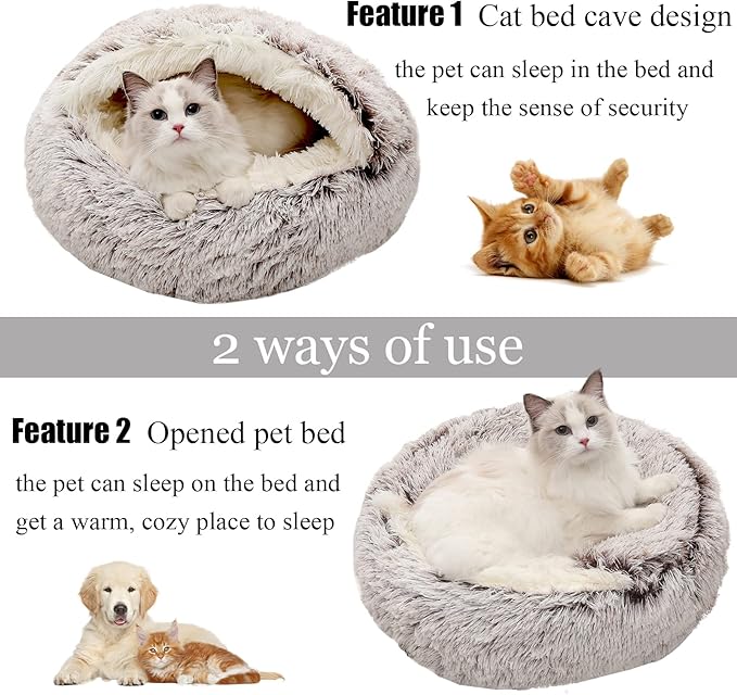 Calming Dog Beds & Cat Cave Bed with Hooded Cover,Removable Washable Round Beds for Small Medium Pets,Anti-Slip Faux Fur Fluffy Coved Bed for Improved Sleep,Fits up to 15/25 lbs(Medium,24"x24")