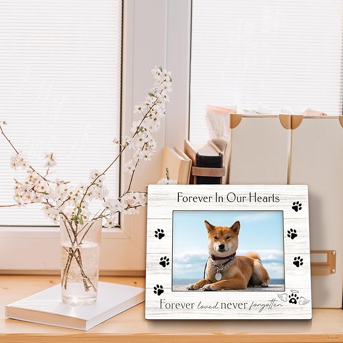 Dog Memorial Picture Frame 5x7, Memorial Pet Photo Frame, Dog Cat Memory Gifts for Loss of Dogs Cats, Forever in Our Hearts Sympathy Gifts Wooden Picture Photo Frames for Desk Home Room Decor