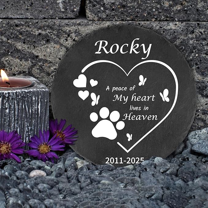 Ships Next Day Personalized Pet Memorial Stone for Loss of Dog Cat, Custom Photo Name Memory Headstone Garden Grave Marker Bereavement Sympathy Gift