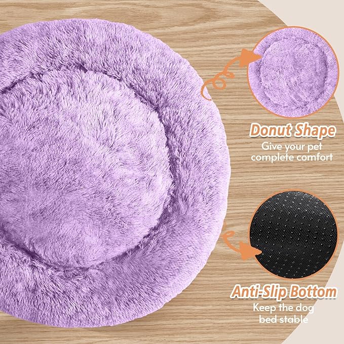 JOLLYVOGUE Calming Dog & Cat Bed for Small Dogs, Anti-Anxiety Donut Cuddler Cozy Soft Round Bed with Anti-Slip Bottom, Fluffy Faux Fur Plush Cushion Beds for Small Medium Pets (20")