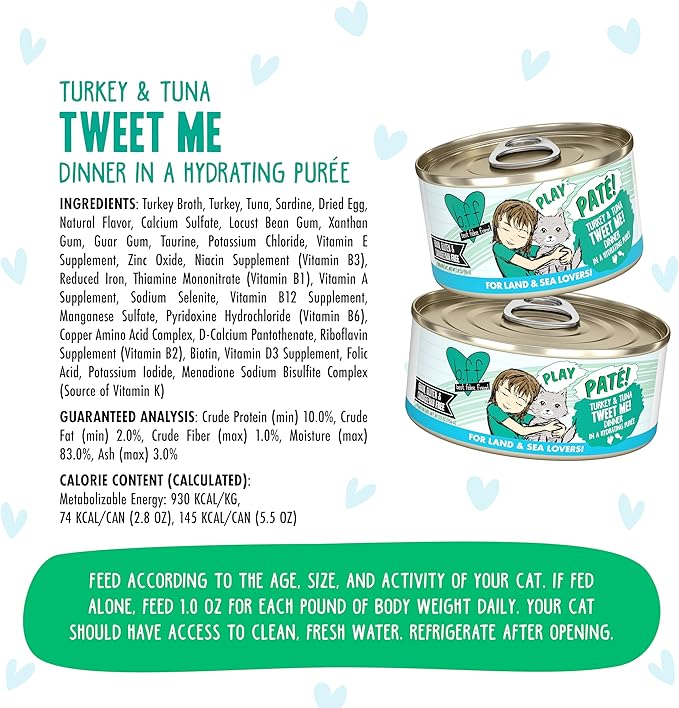 B.F.F. Play - Best Feline Friend Paté Lovers, Aw Yeah!, Turkey & Tuna Tweet Me! with Turkey & Tuna, 2.8oz Can (Pack of 12)