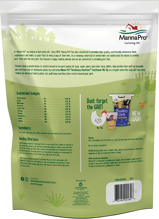 Manna Pro Farmhouse Favorites – Sunflower Mix Up – Premium Grains for Poultry – Made with Non-GMO Purple Corn – High Energy Poultry Feed Supplement – 10lb Bag