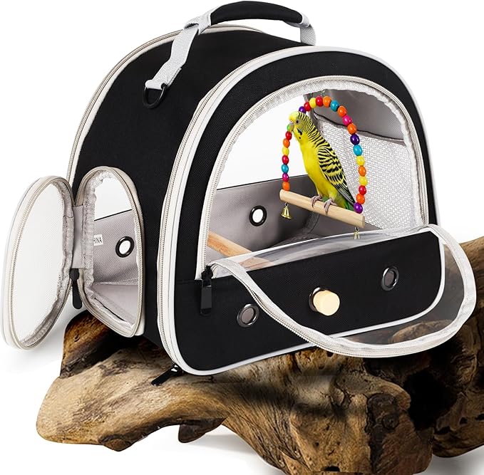 Portable Parrot Travel Cage Carrier with Small Swing Toy&Cage Colorful Toys Set Small Bird Parakeet Bag with Standing Perch Bird Carry Transport Bag (Black, Carreir/Swing)
