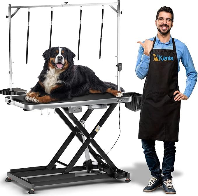 KANIS Professional Electric Dog Grooming Table - Heavy Duty, Height Adjustable Pet Grooming Table w/Leveling Wheels, Grooming Arm, Anti Slip Tabletop & Tool Organizer/Dog Grooming Station (49", BLACK)