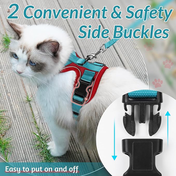 rabbitgoo Cat Harness and Leash for Walking, Escape Proof Soft Adjustable Vest Harnesses for Cats, Easy Control Breathable Reflective Strips Jacket, Red & Teal, M