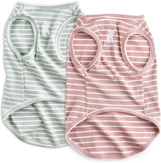 Koneseve Dog Shirt Vest Lightweight Stretchy Dog T-Shirts Soft Cool Sleeveless Stripe Vests Breathable Clothes for Puppy Kitty Cats Small Medium Large Dogs 2 Pack Pink + Green [ S/Small ]
