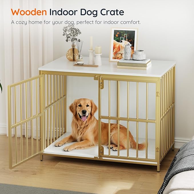 HOOBRO 38.6" Dog Crate Furniture, Wooden Dog Kennel Indoor, Heavy Duty Dog Cage for Small/Medium Dog, Decorative Side End Table, White and Gold DW100GW03