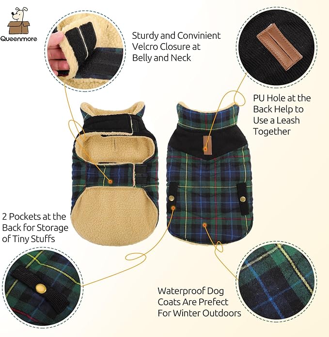 Queenmore Dog Winter Coat Warm Dog Jacket for Cold Weather, Quilting Puffer Plaid Coats for Small/Medium Dogs Waterproof,Girl/Boy Pet Christmas Coat,Pet Snowsuit with Leash Hole/Fleece Padding, S