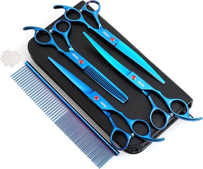 7.0in Titanium Blue Professional Pet Grooming Scissors Set, GEMEK 6 in 1 Straight & Thinning & Upwards Curved & Downwards Curved Scissors & Comb for Dogs, Cats (Blue)