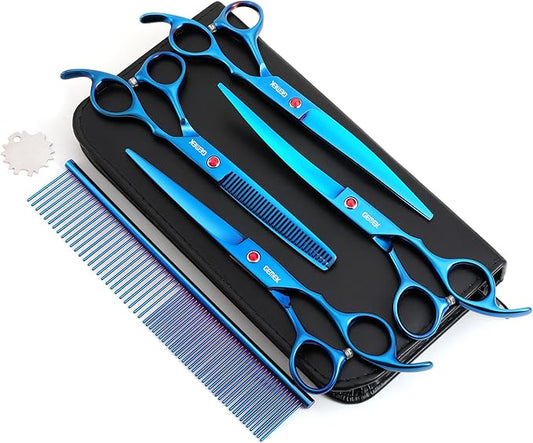 7.0in Titanium Blue Professional Pet Grooming Scissors Set, GEMEK 6 in 1 Straight & Thinning & Upwards Curved & Downwards Curved Scissors & Comb for Dogs, Cats (Blue)