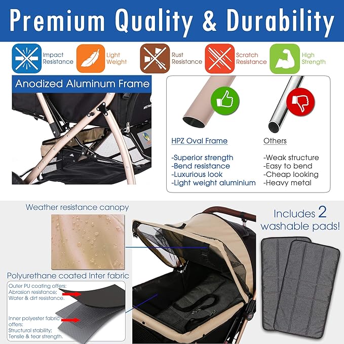 HPZ Pet Rover XL Extra-Long Premium Heavy Duty Dog/Cat/Pet Stroller Travel Carriage for Small, Medium, Large Pets (Taupe 2nd-Gen)