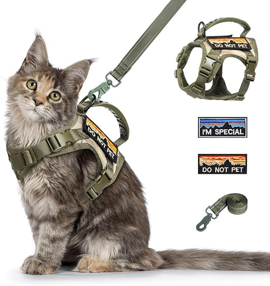 Tactical Cat Harness and Leash for Walking Esacpe Proof,Adjustable Soft Mesh Large Cat Vest with Rubber Handle Easy to Control,Molle Patches