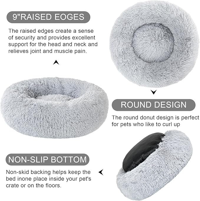 Dog Calming Beds for Small Medium Large Dogs - Round Donut Washable Puppy Dog Bed, Anti-Slip Faux Fur Fluffy Donut Cuddle Anxiety Cat Pet Bed(Light Grey 20")