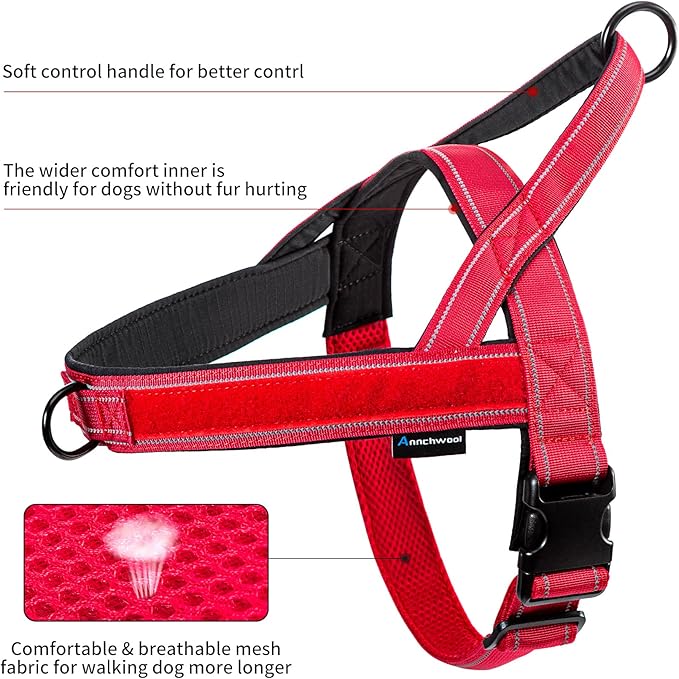 Annchwool No Pull Dog Harness with Soft Padded Handle-Reflective Strip Escape Proof and Quick Fit to Adjust Dog Harness-Easy for Training Walking for Small & Medium and Large Dogs(Red,XS,1 in Width)