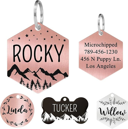 Ultra Joys Stainless Steel Pet ID Customized Personalized, Front and Back Engraving, Hexagon Mountain Design, Rose Small