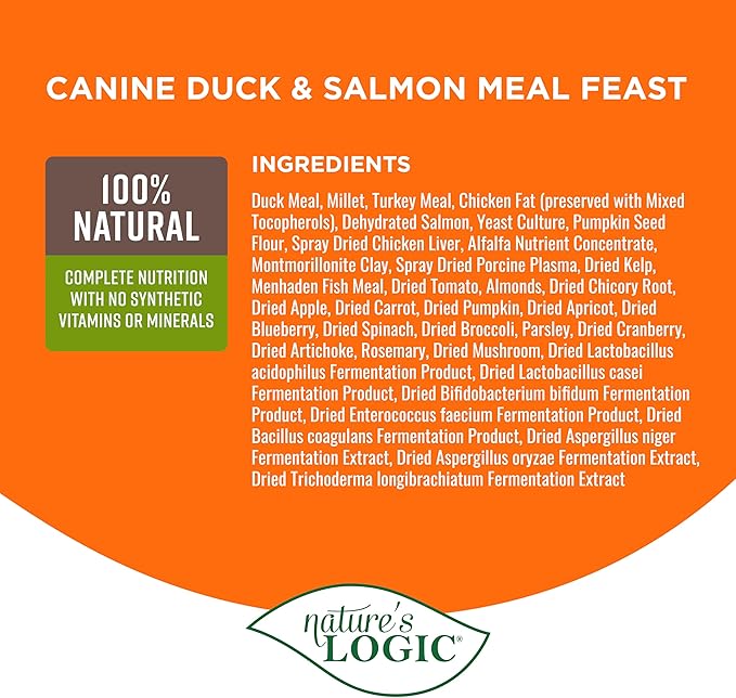 Nature's Logic Dry Dog Food - 100% Natural - No Synthetics - For All Ages, Sizes, Breeds - Free From Common Allergens, High Protein - Duck & Salmon Meal Feast, 4.4lbs