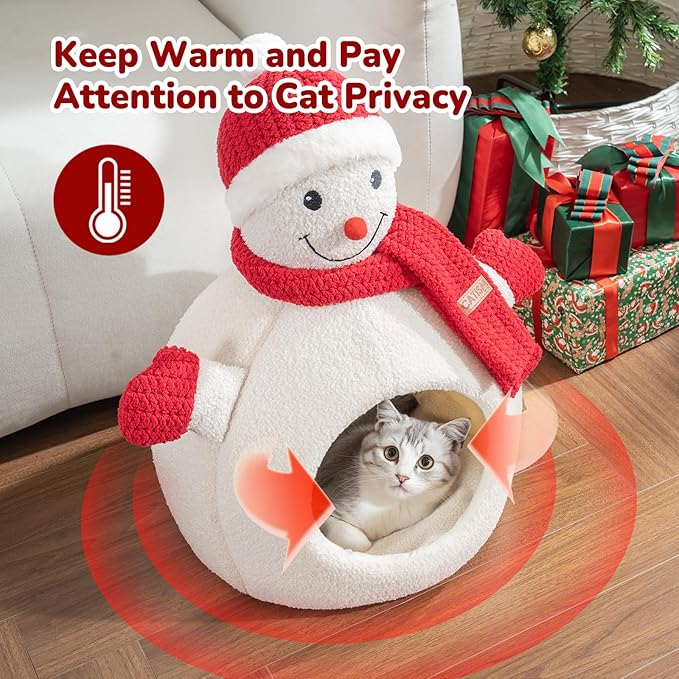 CATISM Christmas Cat Bed - Christmas Snowman Cat Bed for Indoor Cats, Cute Snowman Cat Beds with Warm Cushions Removable Cave with Non-Slip Cushioned Bottom for The Holidays