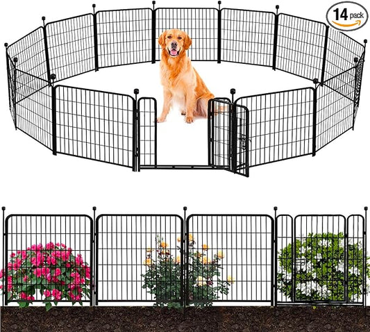 ADAVIN Garden Fence Wide Door Low Threshold, 40 inch High 14 Panels Total 31 Ft(L), Animal Barrier Fence No Dig, Fencing for Garden Beds, Black Iron Metal Heavy Duty Dog Fencing for Yard or Camping