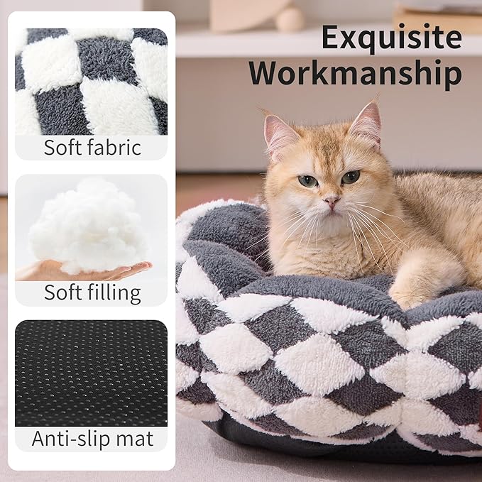 Cat Beds for Indoor Cats, Cute Donut Kitten Beds for Small Dog, Round Plush Bed for Puppy and Large Cats, Anti-Slip Bottom, Brown