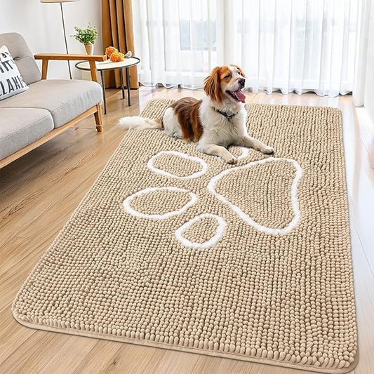 Smiry Dog Door Mat for Muddy Paws, Absorbent Dirt Trapper Non Slip Quick Dry Washable Chenille Mat for Mud Dogs, Entry Rug for Indoor and Outdoor (59x35 Inches, Beige)