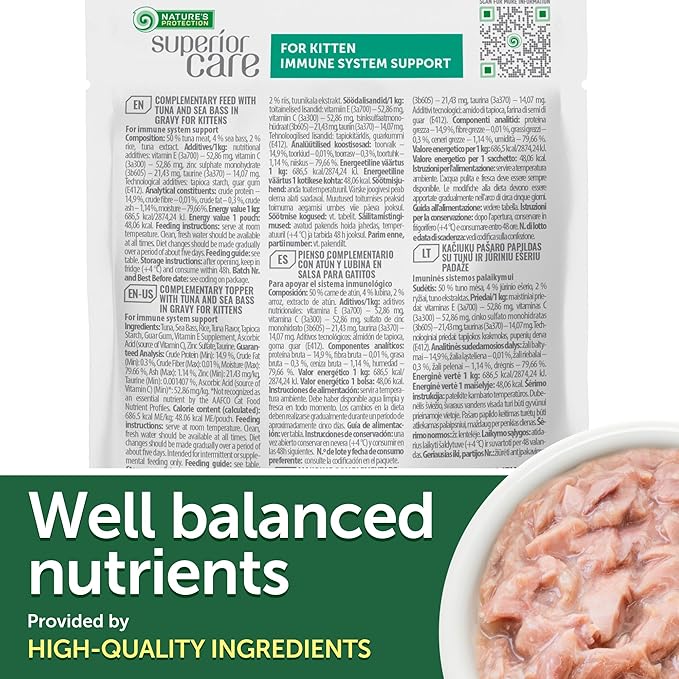 Nature's Protection Wet Cat Food in Gravy - High Protein, Natural & Soft Tuna Fish & Sea Bass Shreds - Wet Food for Kittens, Can-Free Convenient Pouches 2.46-oz (Superior Care - 24 Pack)