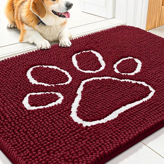 Smiry Dog Door Mat for Muddy Paws, Absorbent Dirt Trapper Non Slip Quick Dry Washable Chenille Mat for Mud Dogs, Entry Rug for Indoor and Outdoor (30x20 Inches, Burgundy)
