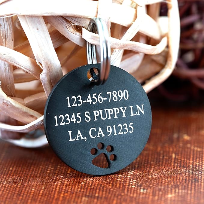 Ultra Joys Dog Tags Personalized for Pets - Hollow Paw Custom Pet ID Tag - Engraved Dog Tag for Small, Large Dogs - Small Round in Black