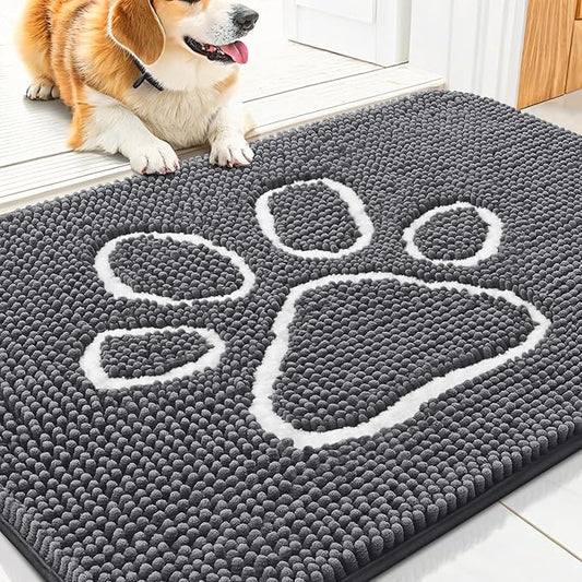 Smiry Dog Door Mat for Muddy Paws, Absorbent Dirt Trapper Non Slip Quick Dry Washable Chenille Mat for Mud Dogs, Entry Rug for Indoor and Outdoor (30x20 Inches, Dark Grey and White)