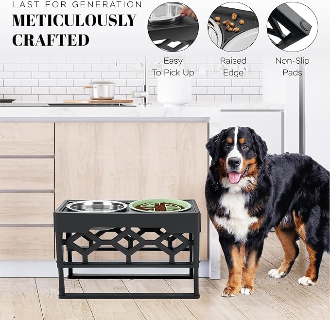 AVERYDAY Large Slow Feeder Dog Bowls Elevated, 4 Height Adjustable Raised Dog Bowl Stand with Stainless Steel Food and Water Bowl, Tall Dogs Feeding Station with Anti-Slip for Medium Large Breeds Dogs