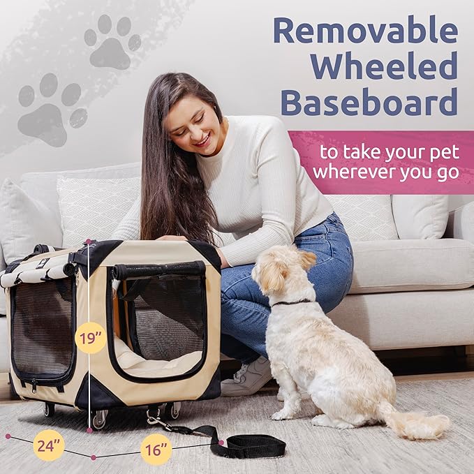Large Cat Carrier on Wheels & Dog Carrier for 2 Cats or Medium Dog. Rolling, Soft Sided Pet Carrier for Travel. Collapsible, Portable Cat Bag with Soft Bed, Top & Side Loading, Locking Zippers