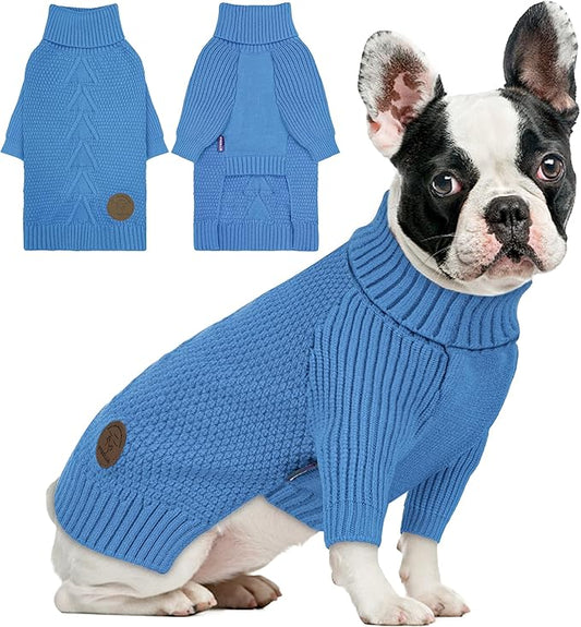 cyeollo Dog Sweaters for Small Dogs Boy, Pullover Turtleneck for Dogs Male, Knitted Doggy Fall Winter Warm Cold Weather Dog Clothes Apparel with Sleeves, Blue L