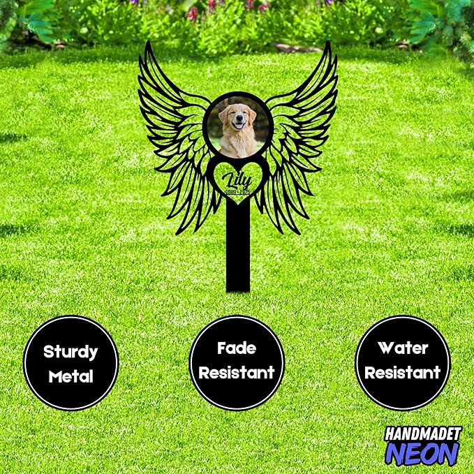Personalized Dog Memorial Angel Wings Garden Stake with Photo, Custom Picture UV Printed Metal Grave Marker, Image in Loving Memory Outdoor Pet Loss Sympathy Gifts for Dogs Lover