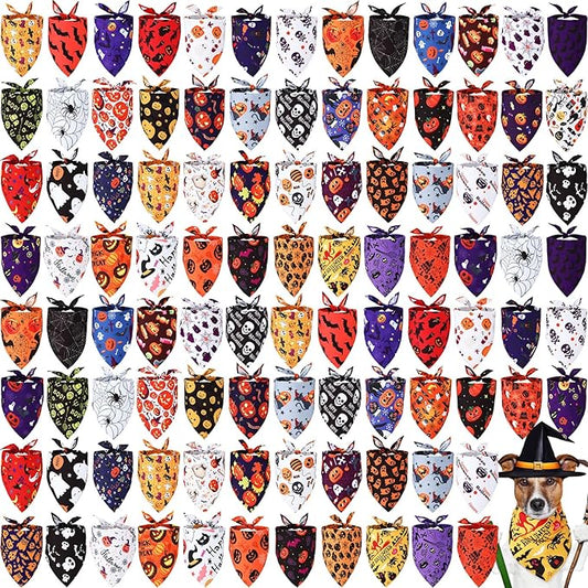 Kigeli 100 Pack Halloween Dog Bandanas Adjustable Triangle Bibs Scarf Ghost Halloween Pumpkin Spider Web Pet Bandanas Costumes Holiday Accessories for Large Medium Small Dog Puppy Cat(Large)