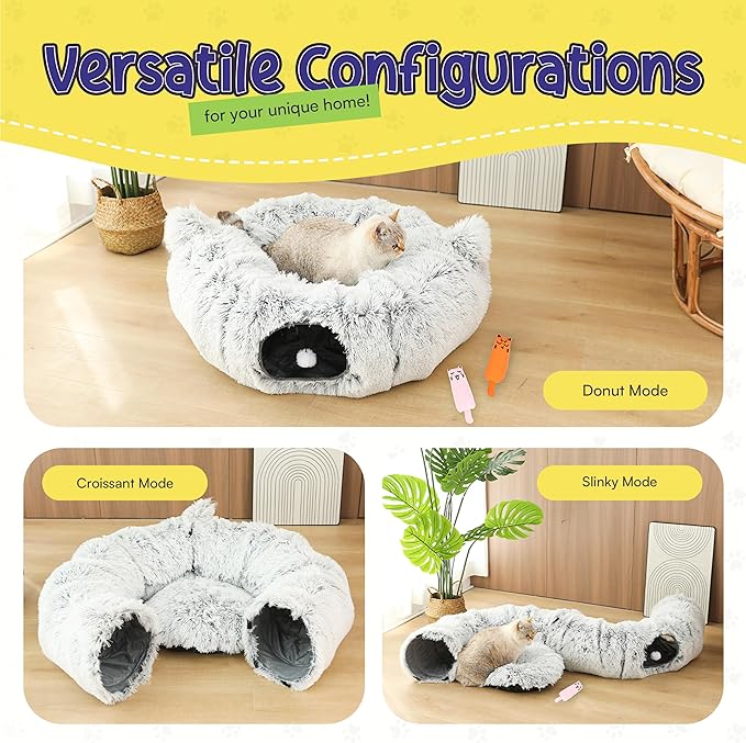 Cat Tunnel Bed Cave with Catnip Toys - Peekaboo Cat Hideaway & Cat Donut Tunnel - 3-in-1 Cat Tunnels for Indoor Cats - Foldable Cute Cat Bed - 32" Washable