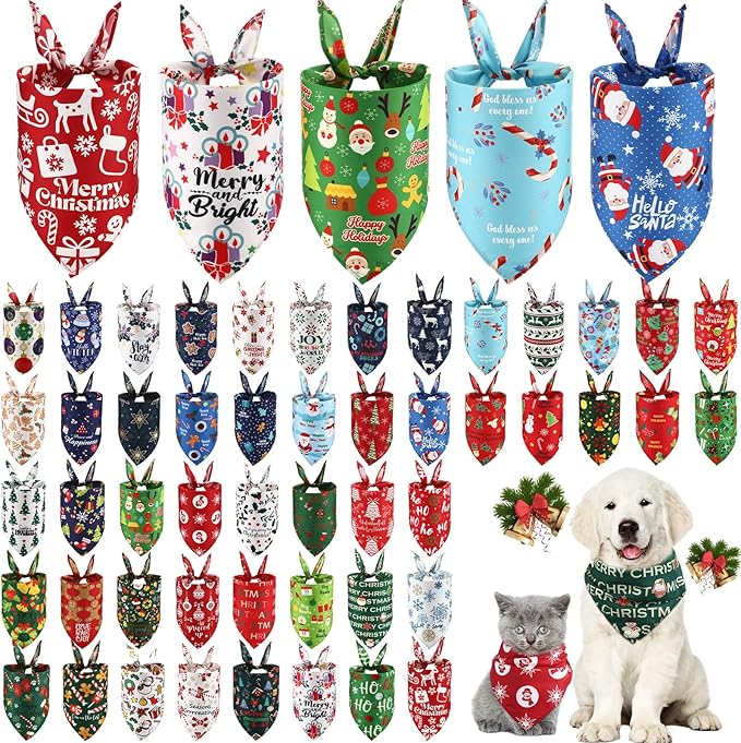 Abbylike 50 Pcs Dog Bandanas Bulk Pet Scarfs Triangle Bibs Adjustable Washable Puppy Kerchief Seasonal Pet Costume Accessories Grooming Supplies for Small Medium Large Dogs Cats(Christmas)