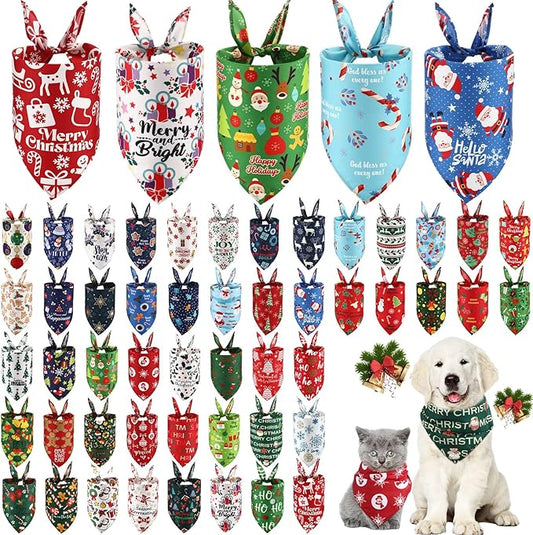 Abbylike 50 Pcs Dog Bandanas Bulk Pet Scarfs Triangle Bibs Adjustable Washable Puppy Kerchief Seasonal Pet Costume Accessories Grooming Supplies for Small Medium Large Dogs Cats(Christmas)
