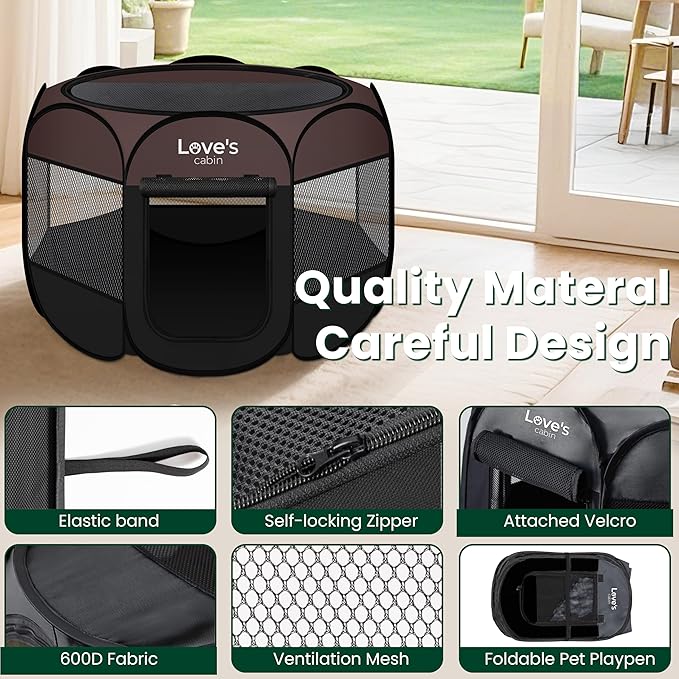 Love's cabin Pet Puppy Dog Playpen, Medium Dog Tent Crates Cage Indoor/Outdoor, Portable Playpen for Cat, Foldable Pop Up Dog Kennel Playpen with Carring Case, Removable Zipper Top, Brown